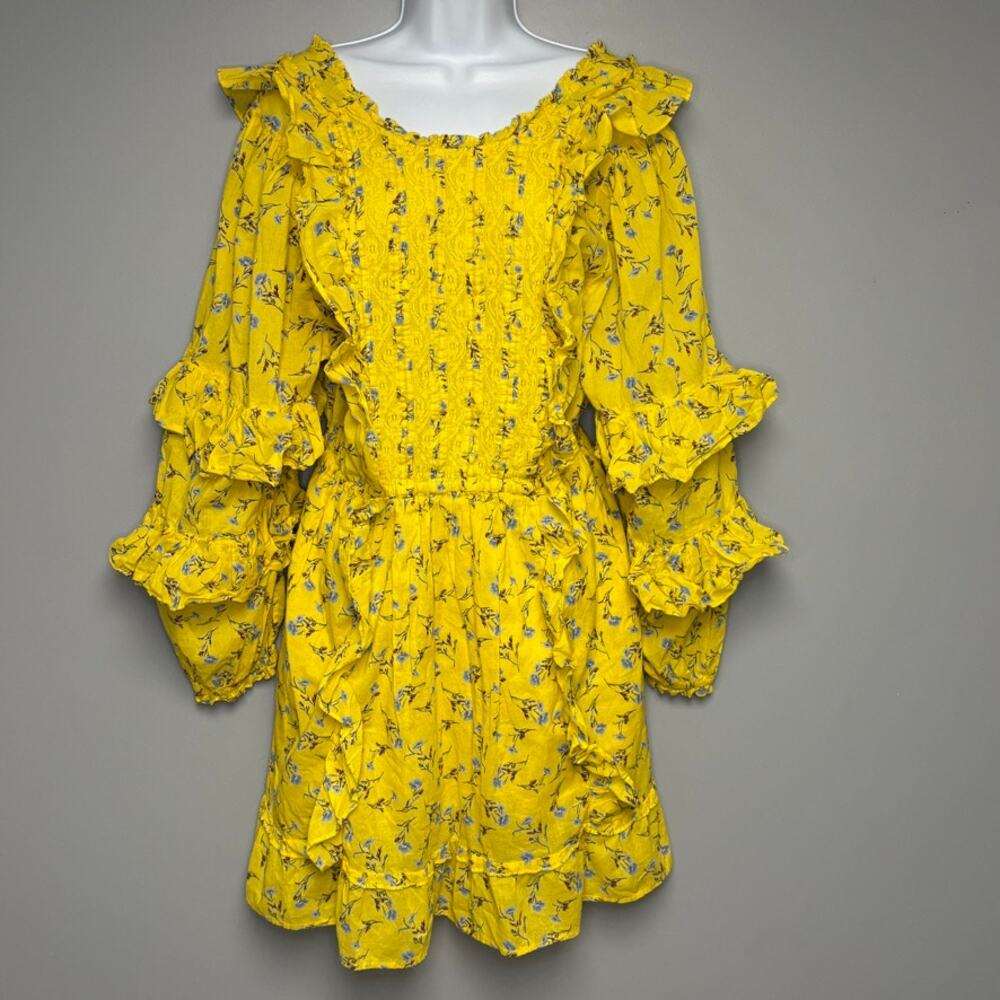 Happy Nature Yellow Floral Ruffle Romantic Boho Hippie Country Dress Womens Sz L